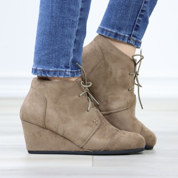 Shoes - Taupe Ankle Boots Wedge Heel Faux Suede Round Toe Lace Up